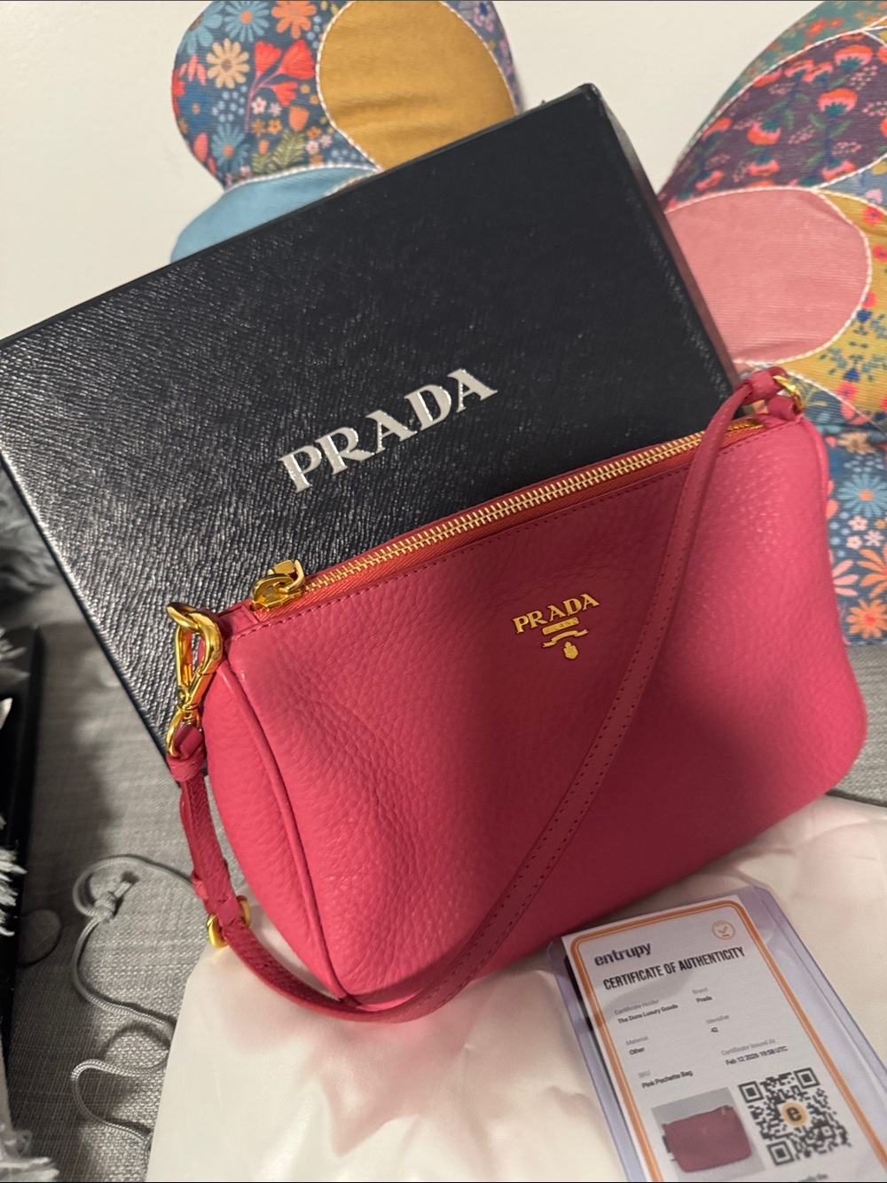 Prada Hot Pink Pebbled Leather shoulder Bag with Gold Hardware
